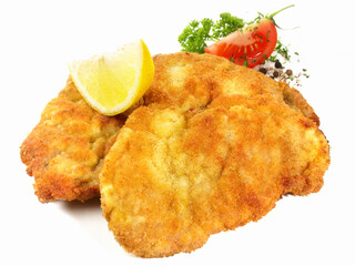Breaded Wiener Schnitzel on white Background - Isolated