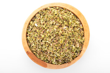 dry oregano. dry oregano spice in wooden bowl on white background. oregano, dry oregano