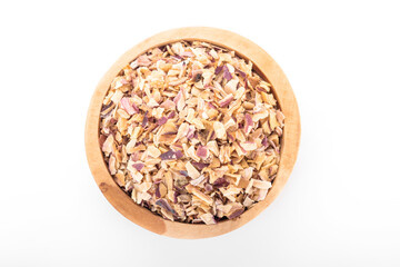 chopped scallion. chopped scallion in wooden bowl on white background. chopped scallion, dried Shallots Flakes, dry onion, onion flakes