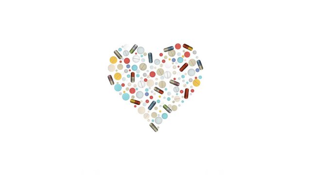 Heart shaped pharmacy tablet animation.