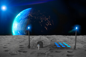 Lunar base, spatial outpost. First settlement on the moon. Space missions. Living modules for the conquest of space in the lunar subsoil. 3d render. Moon soil. Lunar ark. Lava tube, regolith - obrazy, fototapety, plakaty