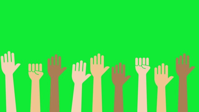 4K animation of various races raising their hands . Green background for chroma key use.
