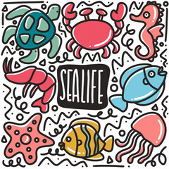 hand drawn sea life doodle set