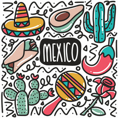 hand drawn mexico carnaval doodle set