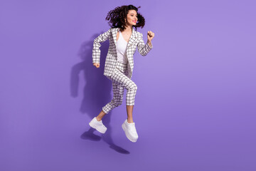 Full body profile side photo of young woman happy positive smile go walk run jump hurry sale...