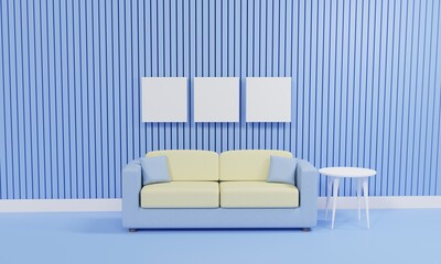 Minimalist living room with sofa against blue wall, 3d rendering