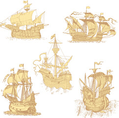 vector set of vintage ships in the style of medieval engraving