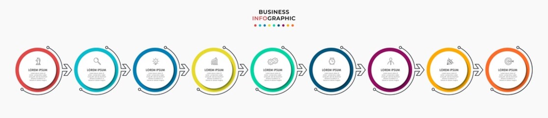 Vector Infographic circle label design business template with icons and 9 options or steps. Can be used for process diagram, presentations, workflow layout, banner, flow chart, info graph