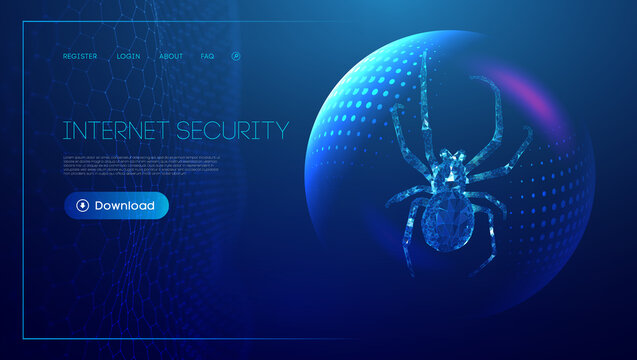 Virus spider in low poly style on blue background with sphere shield. Cybercryme technology network web vector illustration. Internet fraud abstract vector background. Cyber criminal hacker attack.