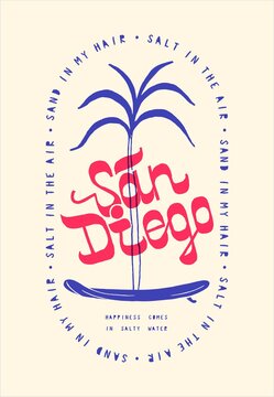 San Diego surfing vintage typography t-shirt print. Summer sports palm-tree on the surfboard American beach vector illustration.