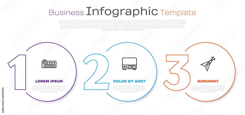 Sticker Set line Music synthesizer, Old video cassette player and Electric bass guitar. Business infographic template. Vector