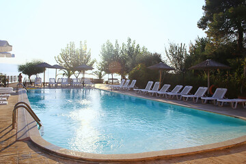 sun loungers pool sunny day, water summer vacation travel