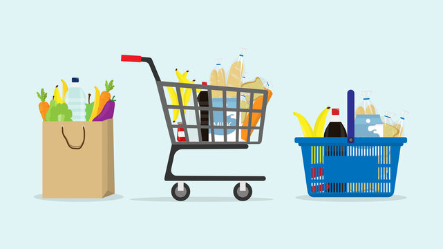 Shopping Trolley And Basket Of Food From Grocery Purchases. Paper Bag And Plastic Of Food Like Fruits, Vegetable, Bread, Bottle Of Water In Flat Style Vector Illustration. Retail Super Market Goods. 
