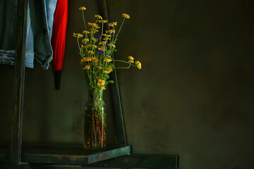 flowers vase still life, seasonal summer inside vintage style, yellow flowers wild