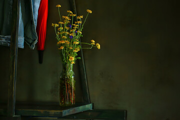 flowers vase still life, seasonal summer inside vintage style, yellow flowers wild