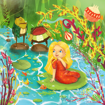 Small girl swimming on a water lily leaf and laughing at two mad old-fashioned frogs