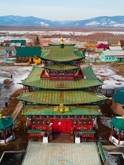 a view from a drone of a Buddhist temple located in the Republic of Buryatia. Ivolginsky datsan Siberia Russia.