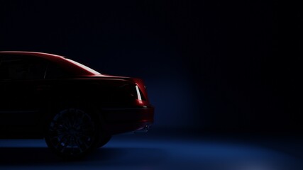 Fototapeta na wymiar red car on the side in the dark on a blue background