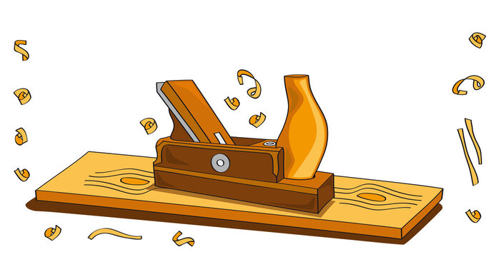 Holzhobel, Hobel und Sp&auml;ne, Tischlerei Holz Werkzeug, Handzeichnung, Vektor Illustration