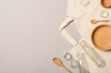 Reusable shopping bag,fabric food storage pouches, plastic free, eco living and Zero waste concept, sustainable living. Set of jars and cotton mesh bag for zero waste shopping