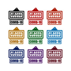 Obraz premium Closed due to COVID-19 sign isolated on white background color set