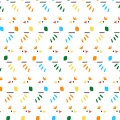 Fototapeta premium Abstract minimalist birds seamless vector pattern. Repeating animal background for kids. Blue red yellow green bird silhouettes sitting on rope. Surface pattern design for fabric, wallpaper, decor