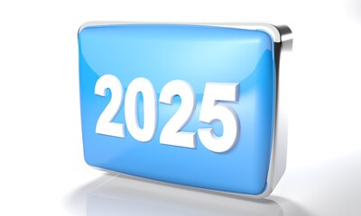 2025 glossy blue box on white background - 3D rendering illustration