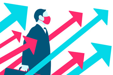Businessman wearing medical mask. Arrows going up. Success in business. Achievement, success, leader. Vector illustration.