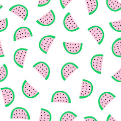 Watermelon slices seamless pattern. Watermelons repeating vector background pink green white. Scandinavian style cute summer fruit surface pattern design for fabric, wallpaper, packaging, kids wear.