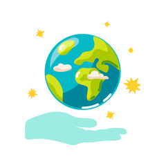 Planet Earth and hand on white background. Ecological concept. Planet day and week. Vector illustration.
