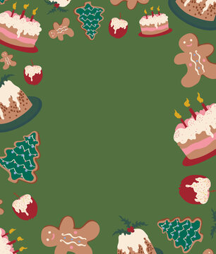 Rectangle frame with pudding, cake, caramel apple and gingerbread cookies on green. Winter holidays, sweet, for kids, treats, new year, Christmas market. Greeting card, banner