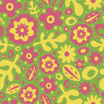 Cute and colorful 60s style pattern with graphic flowers, leaves and dots on green background. Funky and bright floral print, retro style