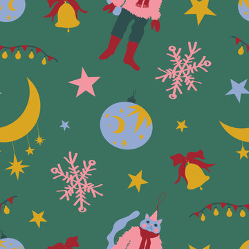 Vector seamless pattern with Christmas ornaments, moon, stars and snowflakes on green background. Cute cat, bell with ribbon and ball. Bright, festive, new year, for kids, Christmas tree