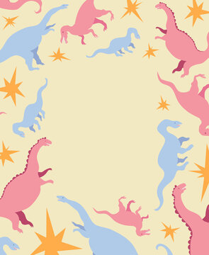 Vector rectangular frame with cute colorful dinosaurs and stars. Cool dinos, for kids, kawaii reptiles, velociraptor, brontosaurus. Greeting card, poster, leaflet, banner