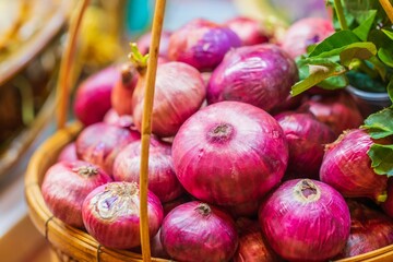 Close up Pile of Red onion, thai street food market