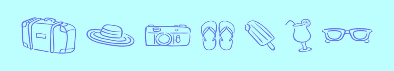 set of summer vacation modern cartoon icon design template with various models. vector illustration isolated on blue background