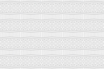 Geometric volumetric convex white background. Ethnic African, Mexican, Native American motives.Abstract handcrafted style. 3d relief minimalist figured pattern for design decoration.