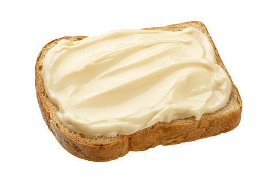 Slice of bread with cream cheese isolated on white background, top view