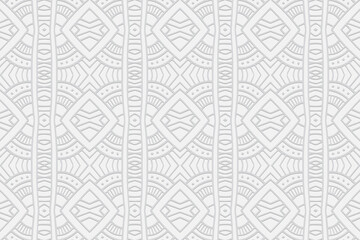 Geometric volumetric convex white background. Ethnic African, Mexican, Native American motives. Abstract handmade style. 3D embossed folk pattern for design decoration.