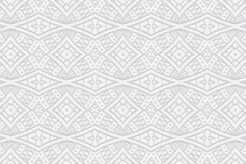 Fototapeta premium Geometric volumetric convex white background. Ethnic African, Mexican, Native American motives. Abstract handmade style. 3D embossed national fashionable pattern with figures and lines.