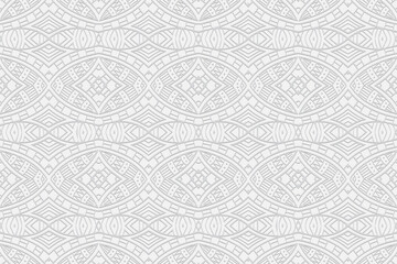 Obraz premium Geometric volumetric convex white background. Ethnic African, Mexican, Native American motives.Abstract handcrafted style.3d embossed complex unique pattern with figures and lines.