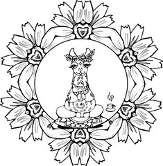 Llama with spiral meditates and drinks tea on a pillow with an ornament. Ornamental mandala.