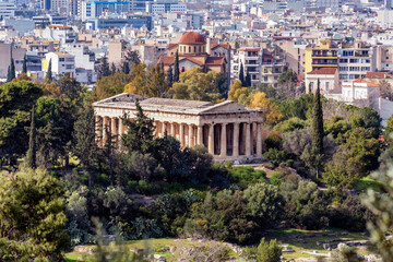 Athens, Attica, Greece. The Temple of Hephaestus or Hephaisteion (also Hephesteum) is an ancient greek temple located at the archaeological site of Agora of Athens in Theseion district under Acropolis