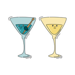 Martini glassware with smile face on white background. Cartoon sketch graphic design. Doodle style with black contour line. Cute hand drawn glass. Party drinks concept. Kawaii freehand drawing style