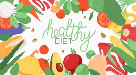  Illustration in flat style withIllustration in flat style with vegetables background. Healthy diet concept. Balanced nutrition, healthy eating, dietetic products, organic produ vegetables background.
