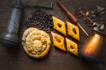 Delicious traditional turkish food baklava with honey and nuts. Oriental sweets with pistachio. Turkish Ramadan dessert. Pahlava