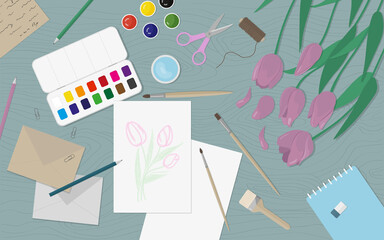 Creative workspace background. Table top view illustration. Vector background of table, watercolor and flowers. Artist's workspace.
