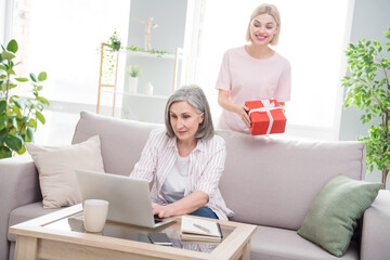 Portrait of two elderly retired beautiful cheerful women girl giving giftbox to granny at home indoor