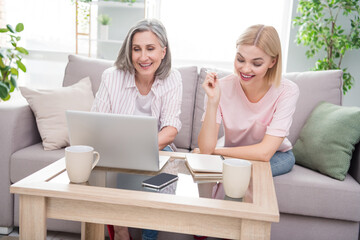 Photo of grey haired blonde mother and daughter sit sofa use laptop write note inside home house indoors