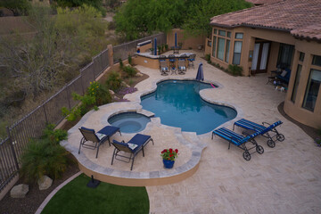 A high definition aerial view of a desert landscaped yard in the southwestern United States.
